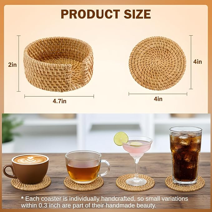 Handwoven Rattan Coasters Set of 6 for Drinks, Boho Wood Cup Coasters with Holder for Tabletop Protection, Vintage Coaster for Desk, Famrhouse & Hostess Gifts