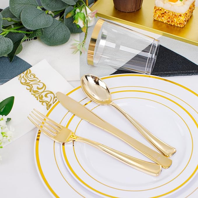 350 Pieces White and Gold Plastic Plates - 50 Guest Dinnerware Set Include 100 Plates, 50 Gold Plastic Silverware, 50 Paper Napkins and 50 Cups for Party Wedding Valentine's Day