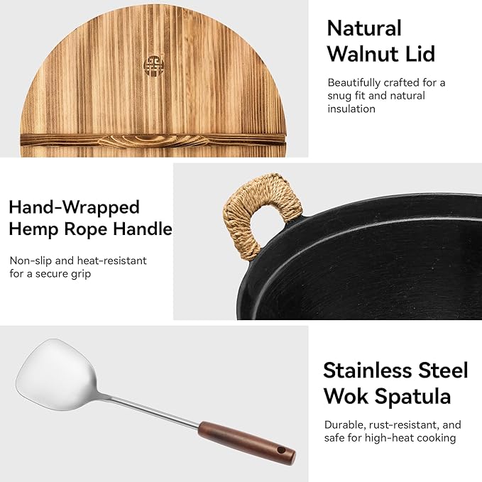 WANGYUANJI 13.4 Inch Cast Iron Wok with Wooden Lid and Stainless Steel Spatula, Flat Bottom Double-Handle Chinese Stir Fry Pan, Uncoated Cast Iron Wok for Induction, Gas and Electric Stoves