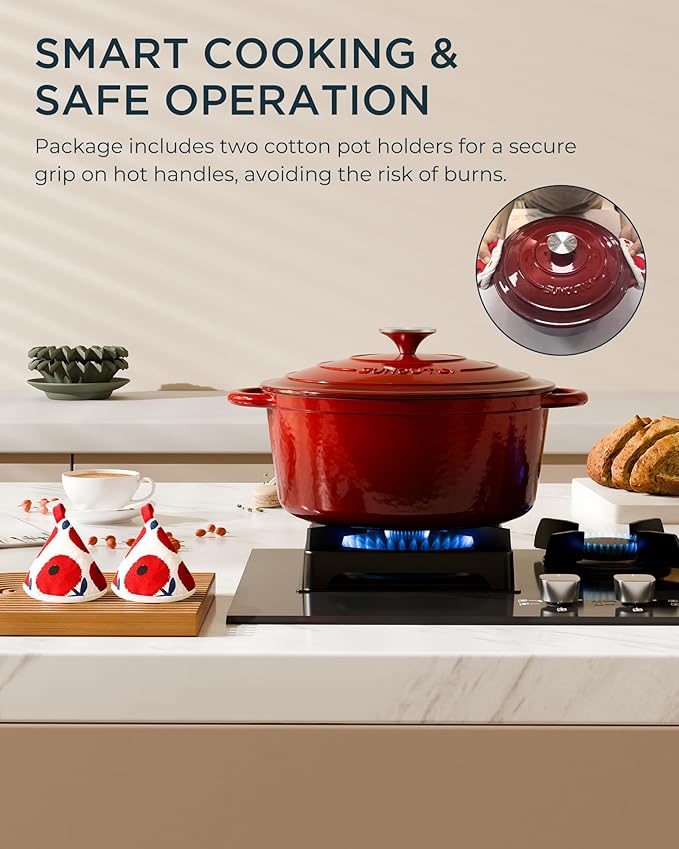 Enameled Cast Iron Dutch Oven - 4.5QT Pot with Lid & Cotton Potholders - Heavy-Duty Cookware for Braising, Stews, Roasting, Bread Baking, Oven Safe up to 500°F & Suitable for All Cooktops, Cherry Red