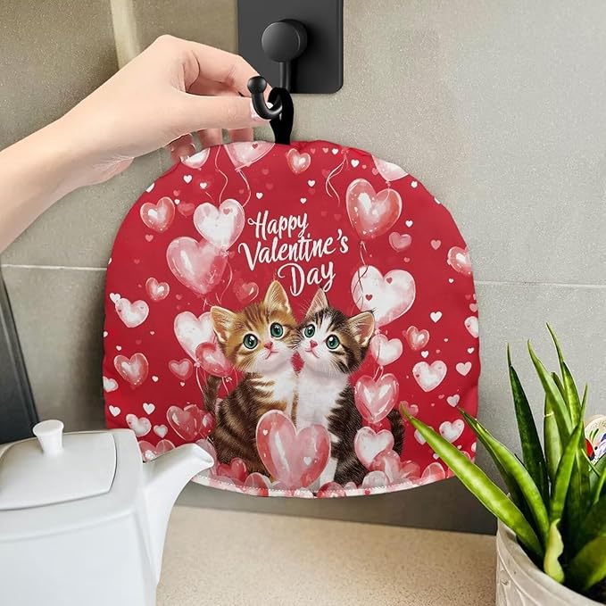 Red Tea Cozy for Teapot Tea Insulated for Valentines Day Cat Tea Kettle Cover for Keeping Warm Love Heart Teapot Dust Protector for Kitchen Accessory