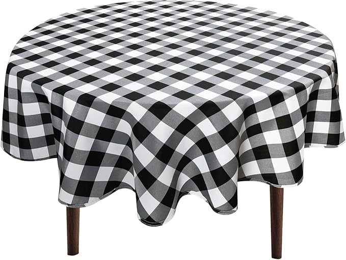 Hiasan Checkered Round Tablecloth 50 Inch - Waterproof Stain and Wrinkle Resistant Washable Fabric Table Cloth for Dining Room Party Outdoor Picnic, Black and White