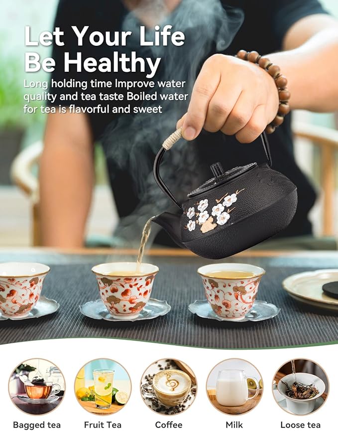 Japanese Cast Iron Teapot, Cast Iron Tea Kettle with Infuser, Plum Blossom Cast Iron Tea Pot for Stovetop Safe Coated with Enameled Interior 27.05oz/800ml