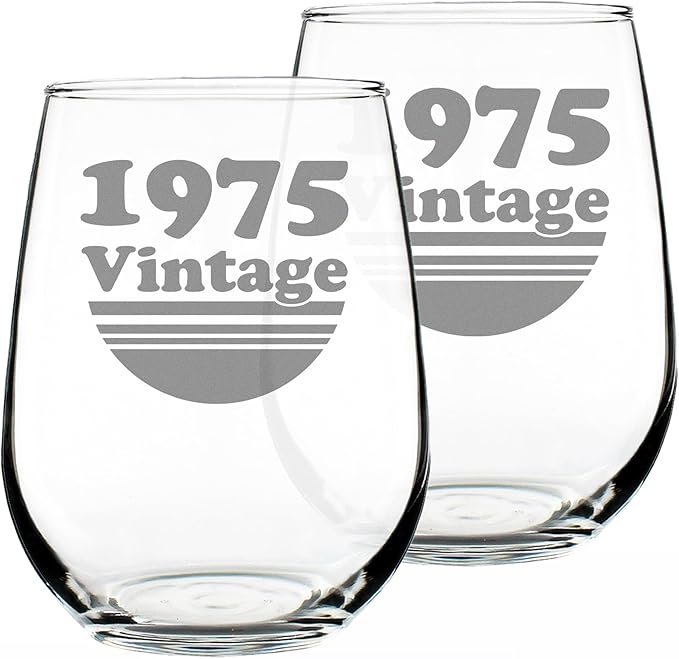 Bevvee Vintage 1975 Stemless Wine Glass - 51st Birthday Gifts for Women & Men Turning 51 - Bday Party Decor - Set of 2 - Large 17 oz