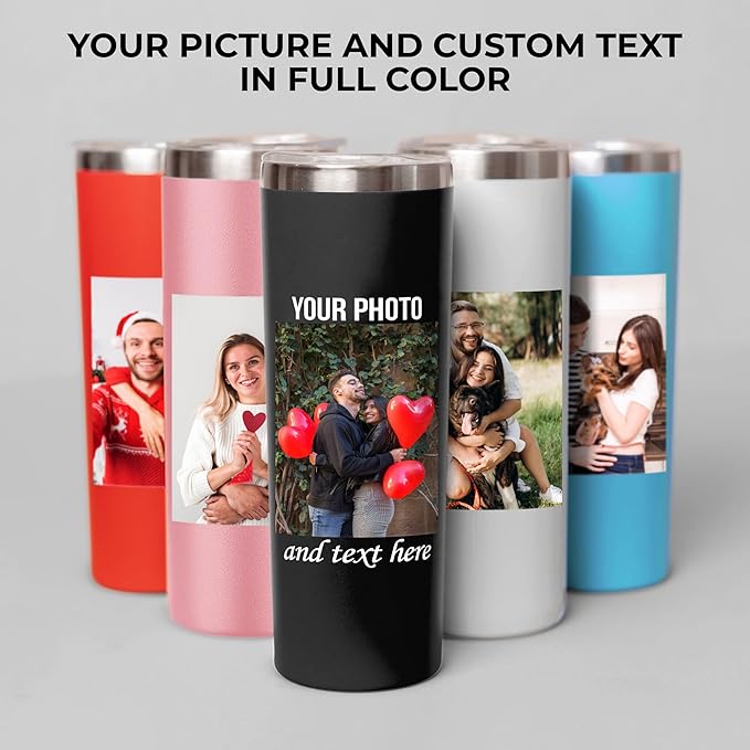 Custom photo tumbler with lids, personalized 20oz insulated drinking pictures thermal hot & cold beverages cups, skinny metal coated thermo gift for couples women & men, memorial, birthdays (Pictures)