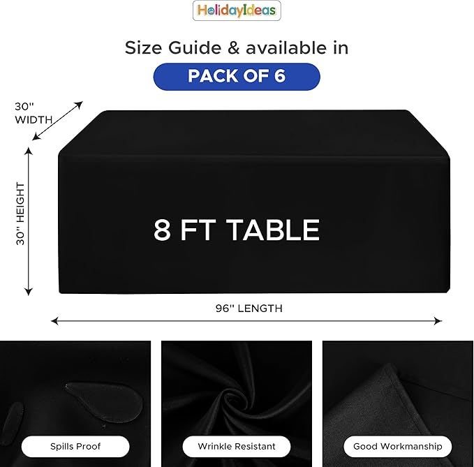 Fitted Black Rectangle Table Cloths 6ft Table Cover for Vendor Booth Display, Hotels, Banquet, Trade Show,30x96 Inch, 6 Pcs