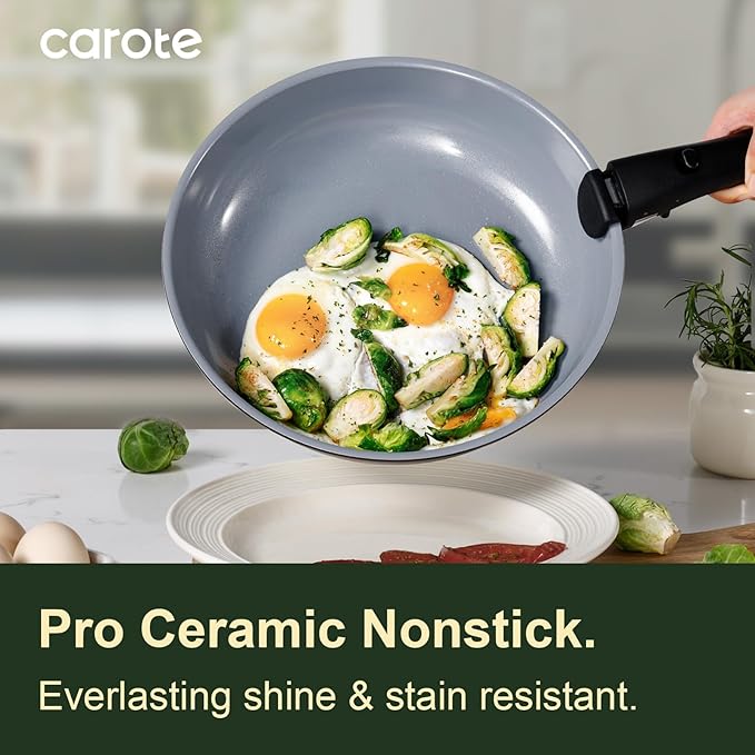 CAROTE 17PCS Ceramic Cookware Sets, Black and Gray, Pots and Pans Set Non Stick Non Toxic, Induction Cookware, Kitchen Cookware Sets, Pots Set for Healthy Cooking