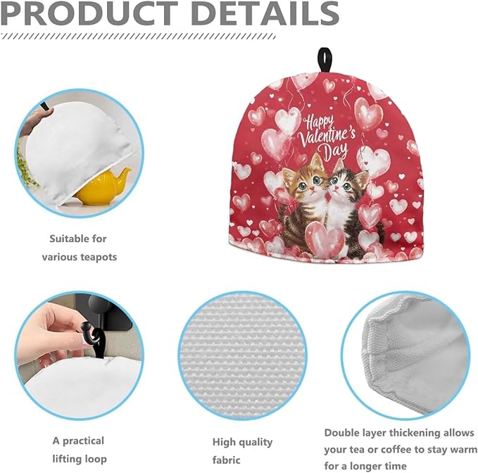 Red Tea Cozy for Teapot Tea Insulated for Valentines Day Cat Tea Kettle Cover for Keeping Warm Love Heart Teapot Dust Protector for Kitchen Accessory