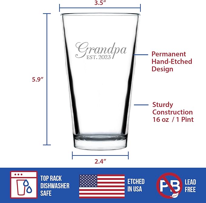 Bevvee Grandpa Est 2023 - New Grandfather Pint Glass Gift for First Time Grandparents - Decorative 16 Oz Glasses