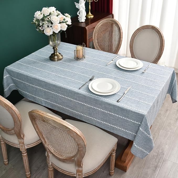 Zobesta Blue and White Striped Linen Square Tablecloth 53 x 53 Inch, Washable Farmhouse Soft Boho Square Table Cloth for Party, Holiday, Picnic, Dining, Outdoor