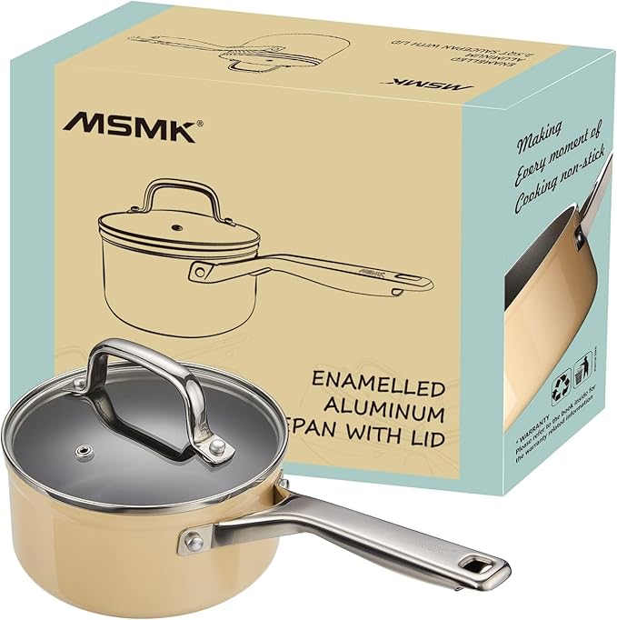 MSMK 1.5 QT PFAS-FREE Ceramic enamel saucepan with Tempered Glass Lid, Rice Burnt also Non stick, Dishwasher and Oven Safe, Induction Ready, Compatible with All Cooktops, Butter color