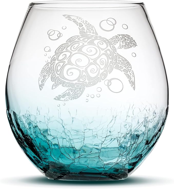Integrity Bottles Tribal Sea Turtle Design Stemless Wine Glass, Handmade, Handblown, Hand Etched Gifts, Sand Carved, 18oz (Crackle Teal)