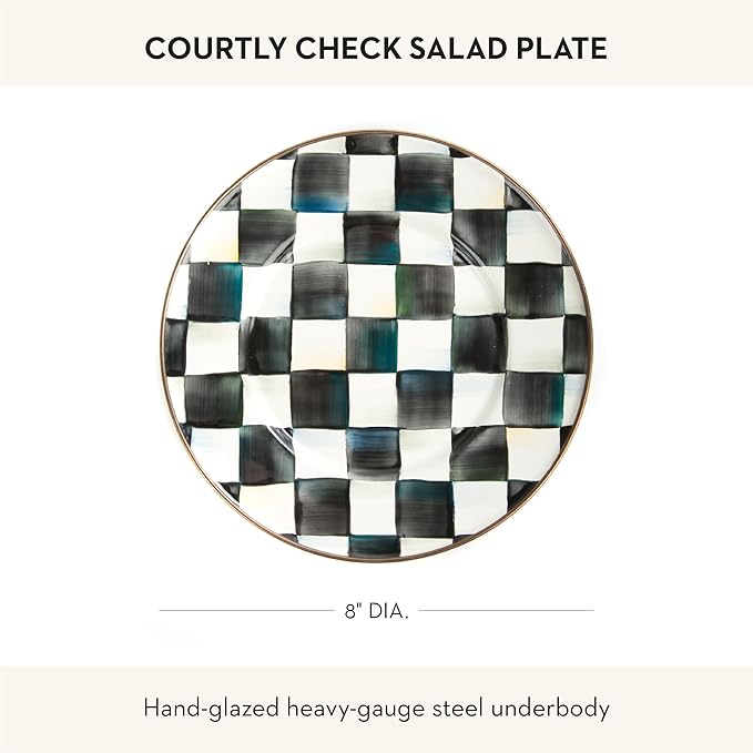 MACKENZIE-CHILDS Enamel Salad and Dessert Plate, Small Plate for a Dessert or Appetizer Dish, 8 Inches, Black-and-White Courtly Check