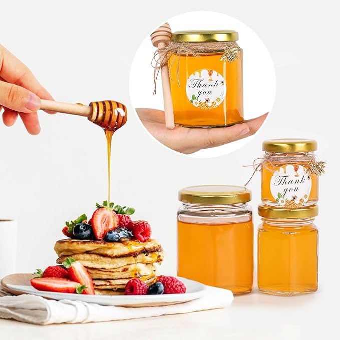 BIGIVACA 6 oz Mini Honey Jars - 30 Pack Hexagon Glass Jars with Wood Dippers, Gold Lids, Bee Pendants, Jutes, Stickers for Wedding Favors, Party Favors, Candle Making
