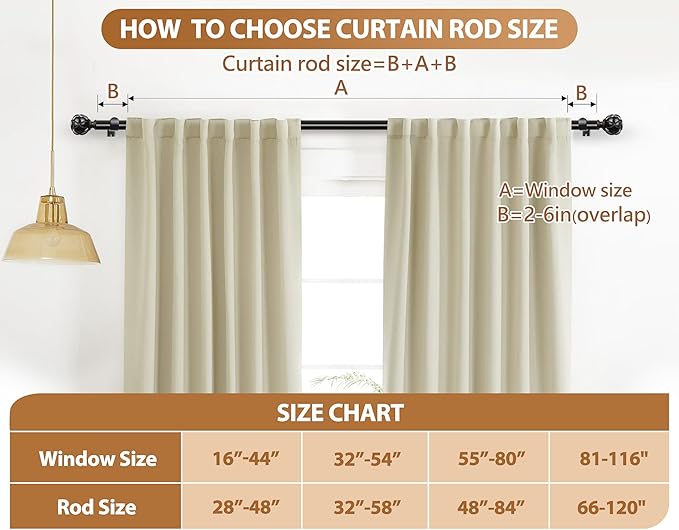 Black Curtain Rods 2 Pack, HOTOZON Curtain Rods for window 32 to 58 Inch, New Splicing Window Rods for Windows, 3/4 Inch Single Drapery Rod with Netted Finials