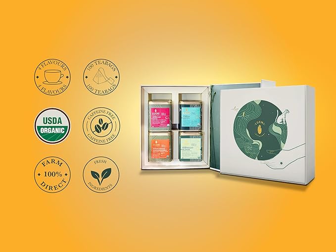 Luxmi Estates - Tea Set - Energy and Balance - 4 Packs with Organic Green, Jasmine, Ashwagandha and Hibiscus Rose Tea - Great Gift Set for Adults