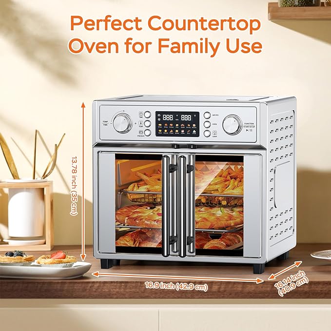PlumChef 29.5QT Large Capacity French Double-Door Air Fryer Convection Toaster Oven, 1700W, 14 Preset Menus, 7-in-1 Multi-Function (Bake, Roast, Gril,Toast,Dehydrate&Defrost), Stainless Steel,silvery