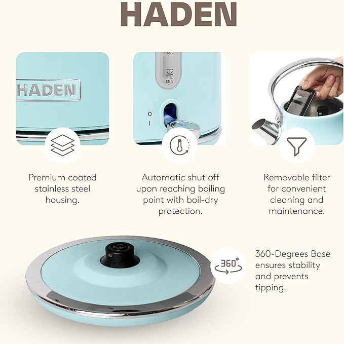 Haden Heritage 4 Slice Wide Slot Stainless Steel Toaster Bundled with 1.7 Liter Stainless Steel Electric Water Kettle, Turquoise & Chrome