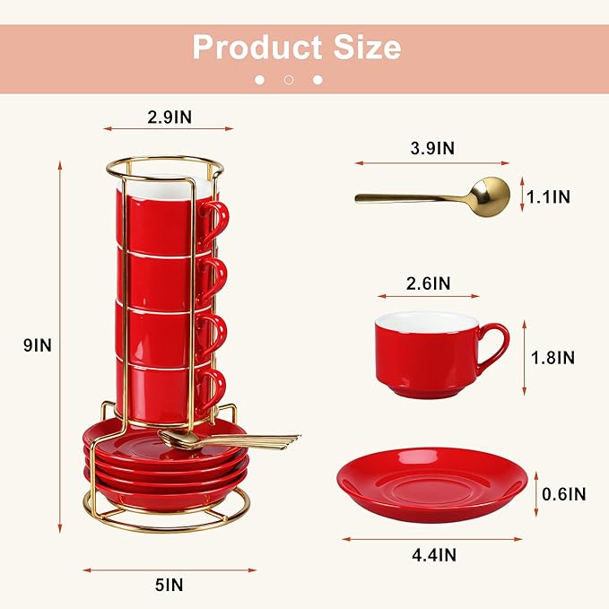 3 Ounce Espresso Cups Set of 4, Stackable Demitasse Mugs, Includes Display Stand, Cups Saucers, and Spoons, for Machines & Home Use, Red, Gold Tone