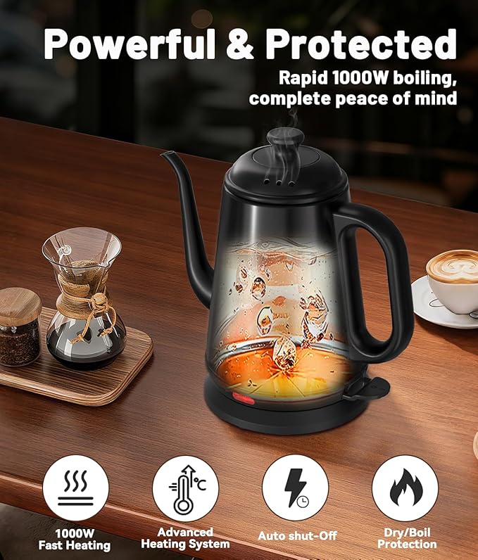 Gooseneck Electric Kettle, 1L Water Boiler, Pour Over Coffee & Tea, 1000W Fast Heating, Stainless Steel, Auto Shut-Off & Boil-Dry Protection, BPA-Free (Black)