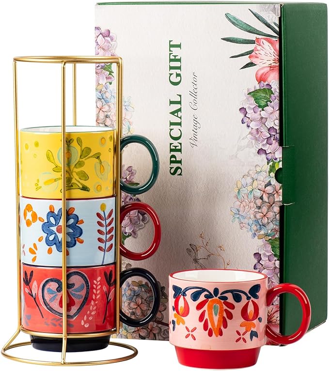 Floral Stackable Ceramic Coffee Mugs - Set of 4 with Stand, 12.5 oz Multi-Color Porcelain Cups for Latte, Cappuccino, Tea, Hot Cocoa - Dishwasher & Microwave Safe (Pastoral)