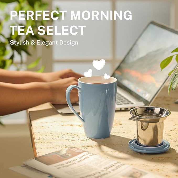 Sweese 15 OZ Porcelain Tea Mug with Infuser and Lid, Loose Leaf Tea Cup, Gifts for Tea Lover, Bluish Grey