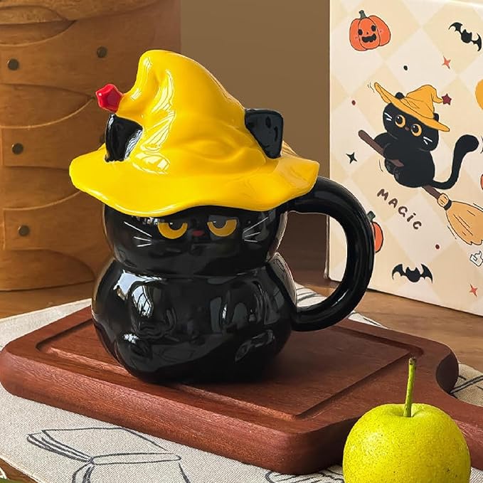 Cute Magic Cat Mug, Halloween Cat with Hat Cup, Mugs for Cat Lovers, Ceramic Mug with Lid, Gifts for Adults Kids Women