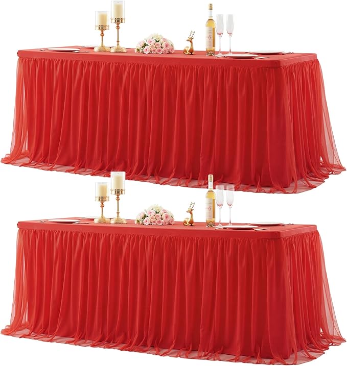 Suppromo 2 Pack 8ft Red Tulle Tablecloths for Rectangle Tables, 8 Foot Red Rectangular Table Cloth Wrinkle Free Tablecover with Tutu Skirt for Baby Shower Wedding Birthday Party Banquet Buffet Cake