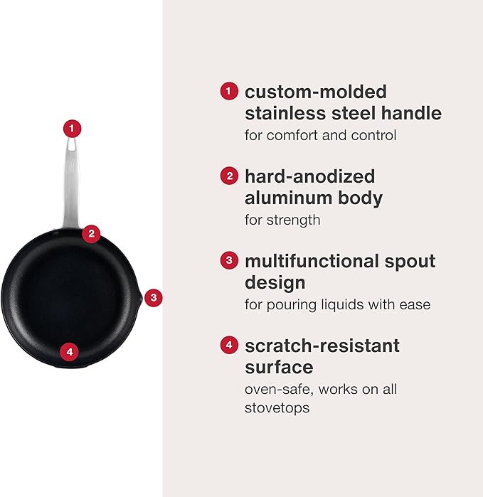Zyliss Ultimate Pro Nonstick Frying Pan - Hand Anodized Frying Pan with Pour Spout - Non-Stick Stainless Steel Cookware - Scratch-Resistant and Dishwasher-Safe Pan - 9.5 inches