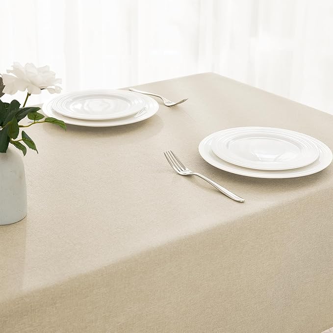 Faux Linen Tablecloths for Rectangle Tables, 2 Pack Burlap Textured Table Cloths Washable Farmhouse Table Cover Water Resistant for Dining, Wedding, Outdoor(Beige, 60"×84")