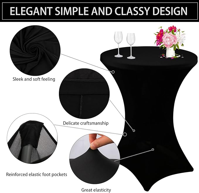 2 Pack Cocktail Spandex Tablecloth 32"x43" Cocktail Table Cover Fitted for High Top Round Table for Bar Wedding Birthday Party Banquet (Black)