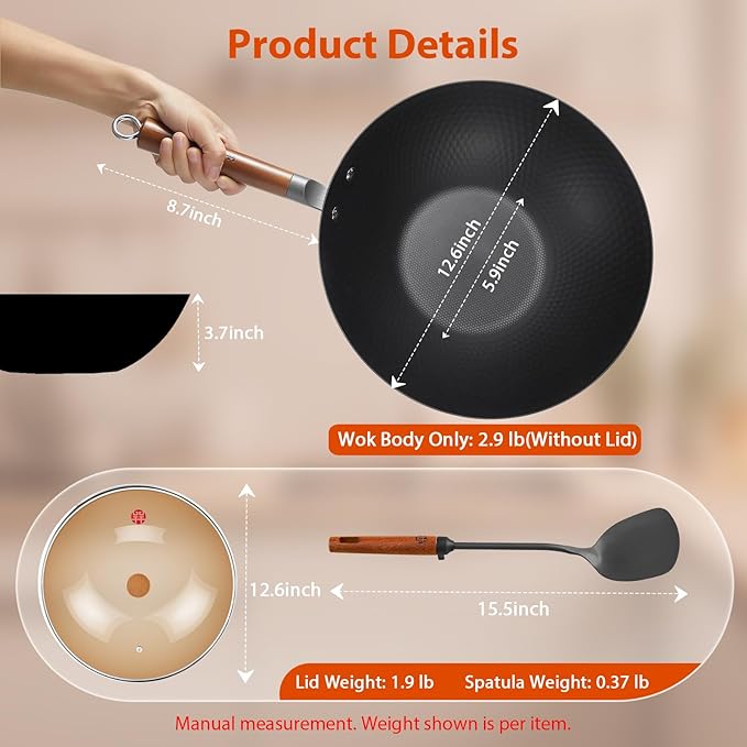 WANGYUANJI 12.6 Inch Carbon Steel Wok with Lid and Metal Spatula, Flat Bottom Uncoated Lightweight Wok Pan with Wooden Handle for Stir-Fry, Gas, Electric and Induction