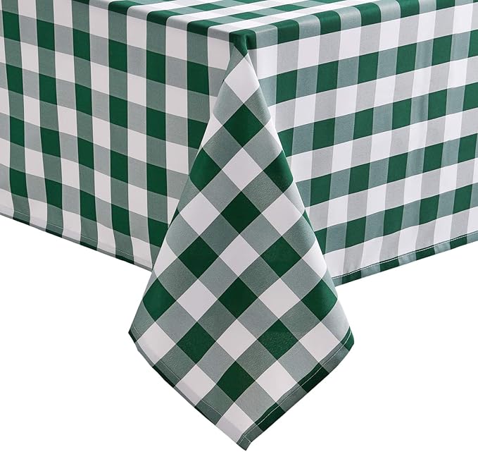 Hiasan 54 x 80 Inch Checkered Tablecloth Rectangle - Waterproof and Wrinkle Resistant Table Cloth for Picnic, Dinner and Christmas, Washable Polyester Fabric, Forest Green and White Gingham Pattern