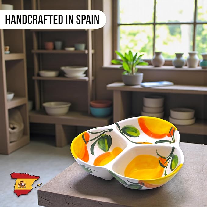Ceramic Chip & Dip Bowl 7.5”, 3-Compartment Divided Serving Dish & Condiment Tray for Appetizers – Handmade in Spain, Lead-Free Glaze, Microwave, Oven & Dishwasher Safe