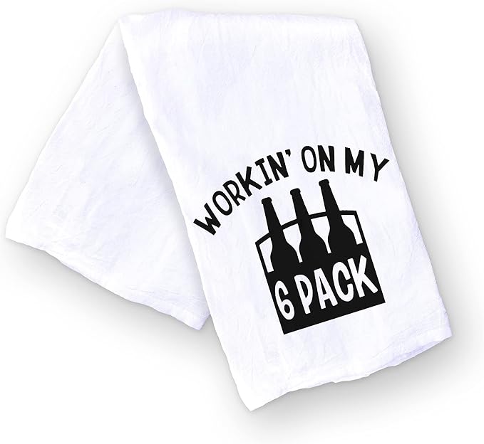 Handmade Funny Kitchen Towel - 100% Cotton Beer Run Hand Bar Towel for Kitchen - 28x28 Inch Perfect for Hostess Housewarming Christmas Mother’s Day Birthday Gift (Workin On My 6 Pack)