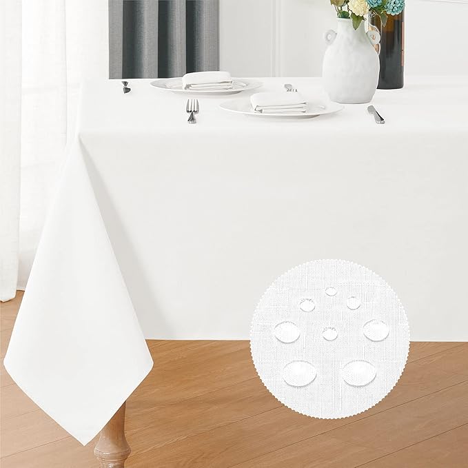 Rectangle 6 Feet Tablecloth 60x104 inch Linen Textured Table Cloth Stain and Wrinkle Resistant Washable Polyester, Decorative Table Cover Waterproof for Dining, Buffet and Camping, White