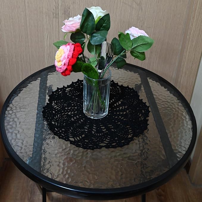 BIBITIME 2pcs 11 inches to 12 inches Lace Doilies Crochet Handmade Lace Coasters Round Placemat Rustic Table Doilies Decors for Kitchen Dining Room Party Dressers Black