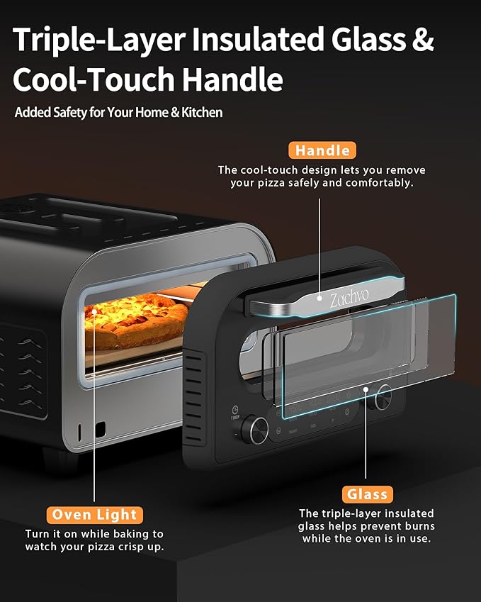 Pizza Oven Indoor, Heats up to 850°F, Makes 12” Pizzas in 90 Seconds, Electric Pizza Oven with 6 Touchscreen Presets, Countertop Pizza Ovens for Kitchen, Recipes & Pizza Stone Peel Included, Dark Grey
