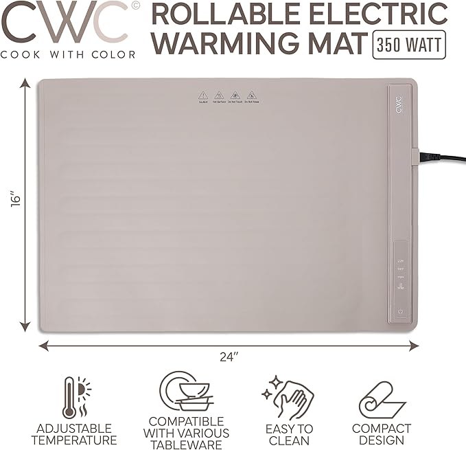 COOK WITH COLOR 350W Electric Food Warming Mat - Portable, Adjustable, Quick Heating Auto Shut-Off, Rollable Silicone Pad
