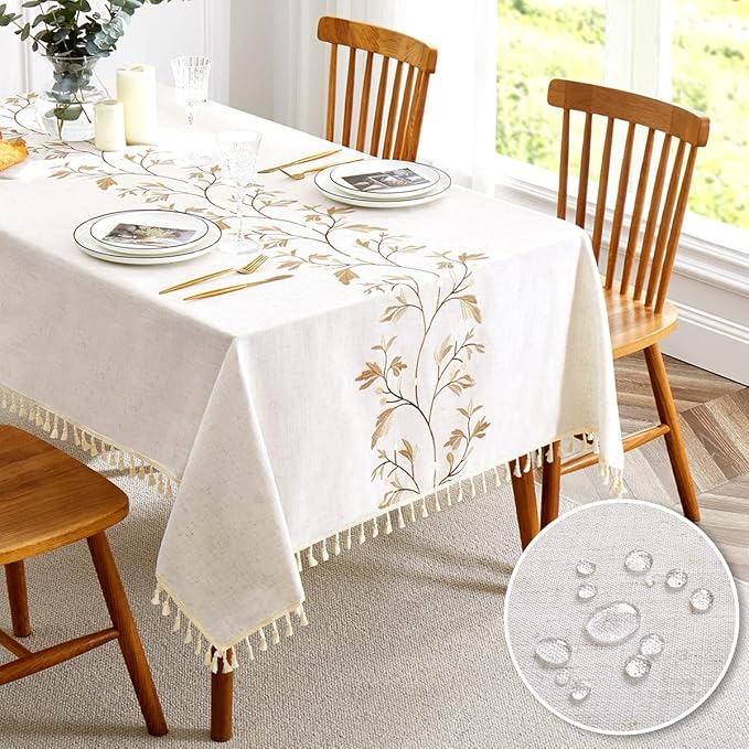 QIANQUHUI Embroidered Tablecloth for Dining Table,Rustic Farmhouse Kitchen Table Cover, Dust Proof Spillproof Soil Resistant Cotton Linen Rectangle Tablecloths（N-Beige,55x86 inch）