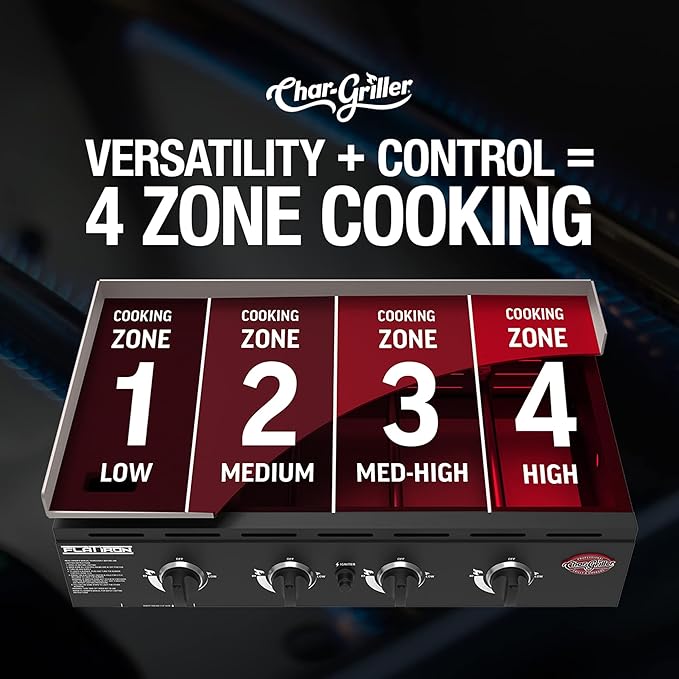 Char-Griller® Flat Iron 4-Burner Propane Gas Flat-Top Griddle with Steel Griddle Top, Wind Guards and Instant-Ignition, 775 Cooking Square Inches in Black, Model E8936