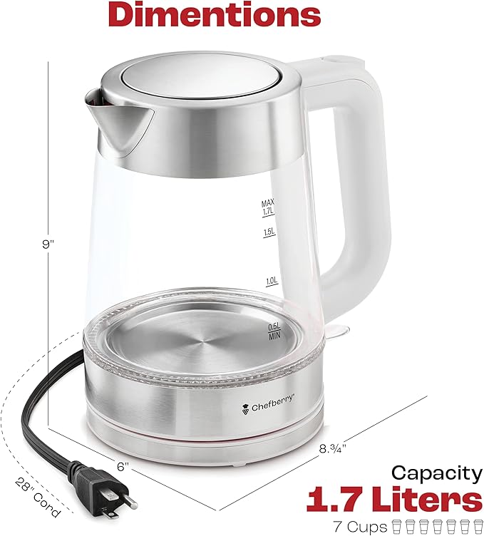 Electric Kettle for Boiling Hot Tea & Water | 1.7L Stainless Steel Borosilicate Glass Boiler With No Plastic, Automatic Shutoff, BPA Free, Fast Heating Technology (White)