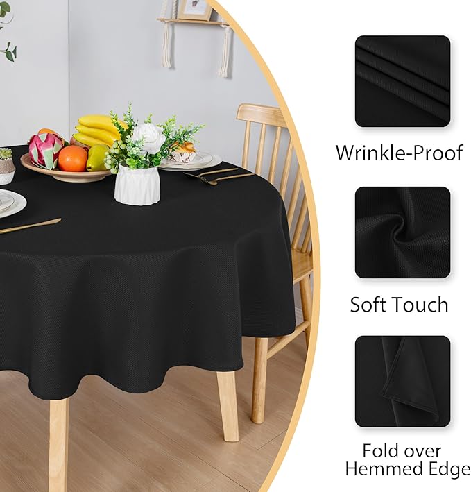 Hiasan Round Textured Tablecloth 60 Inch - Waterproof Spillproof Antiwrinkle Jacquard Table Cloth, Decorative Polyester Table Cover for Kitchen, Outdoor Picnic, Holiday and Parties, Black