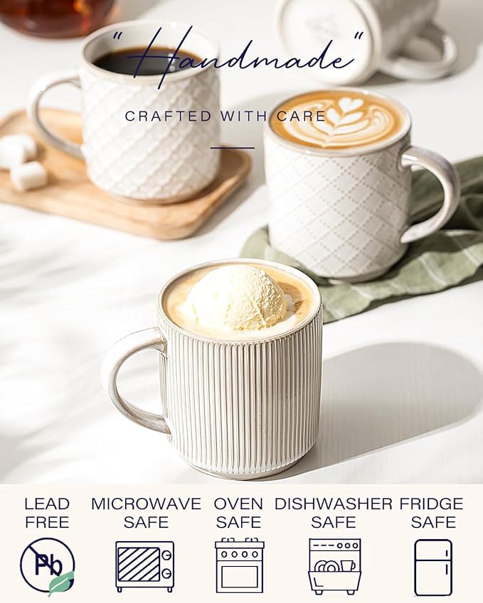 getstar 16oz Large Ceramic Coffee Mugs Set of 4 with Big Handles, Aesthetic Stackable Coffee Cups Stoneware Mug with Embossed Design for Coffee, Tea, Latte, Cappuccino, Dishwasher&Microwave Safe