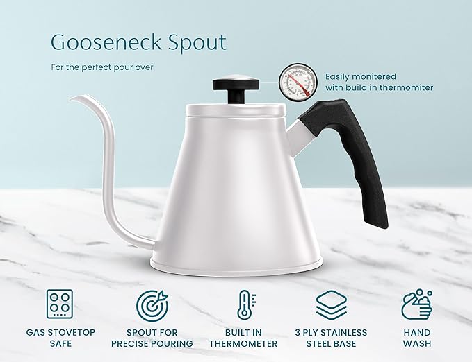Kook Gooseneck Kettle, Kettle Stovetop, with Thermometer, Tea Pot, for Pour Over Coffee & Tea, Temperature Gauge, Electric, Compatible for Gas Stovetop, 3 Ply Stainless Steel Base, 27 oz, (White)