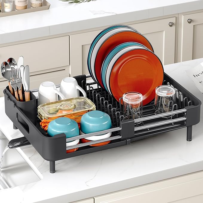 TOOLF Dish Drying Rack with Drainboard, Extendable Dish Rack for Kitchen Counter, Expandable Dish Drainer, Dish Strainer, Foldable Home Countertop Plate Storage Rack with Cutlery Holder, Black