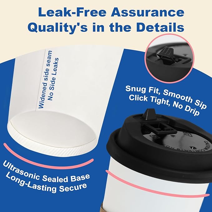 20 oz 50 Pack Coffee Cups with Lids and Sleeves, Straws, Hot Disposable To Go Travel Paper Cups Bulk for Office, Home Coffee Bar Accessories, Chocolate, Cocoa, Beverage (White)