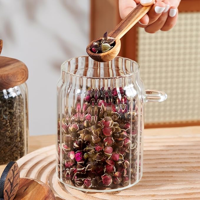 ANSQU 2 Pack Glass Jars with Wooden Lids and Spoons, 20.3oz Glass Food Storage Containers Coffee Jar Coffee Grounds Container, Coffee Canister holds up to 7.4oz Coffee Beans