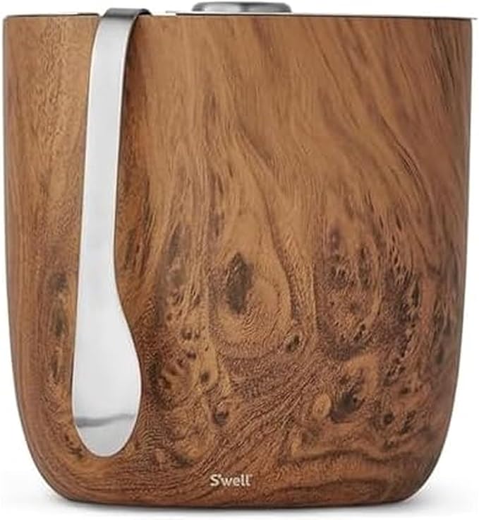 S’well Stainless Steel Ice Bucket with Tongs, 68oz Capacity, Teakwood Finish, Triple-Layer Vacuum Insulated to Keep Ice Colder Longer, BPA-Free Barware