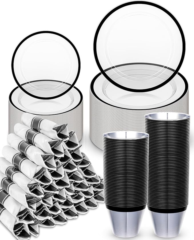 350Pcs Clear & Black Plastic Plates for Party, Disposable Dinnerware Set for 50 Guests,100 Plastic Plates,50 Cups, 50 Pre-Rolled Napkins with Cutlery for Party, Wedding, Christmas